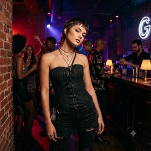 Vintage Guess Collection Corset Top Jacquard Lace Up Bustier Black Medium